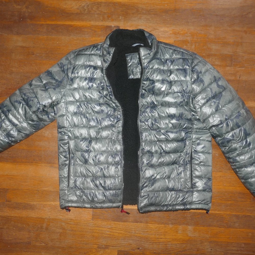 Mens L Nautica Green CAMO Puffy Puffer Fur Wind & Water Resistant Coat Jacket